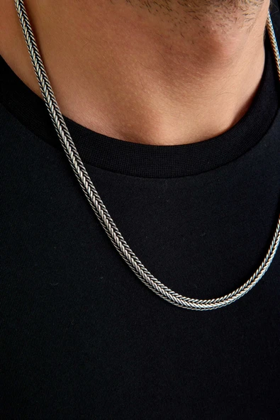 ANDA 925 Ayar Gümüş Oksitli Yassı Balık Sırtı Tilki Kuyruğu Kolye 6 mm genişlik 60 cm Uzunluk - 5