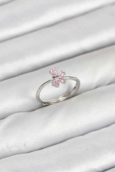 Pirinç Gümüş Renk Pembe Kelebek Kadın Yüzük ürün görseli 1