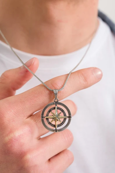 ANDA 925 Ayar Gümüş Oksitli Pusula Kolye - Resim 2