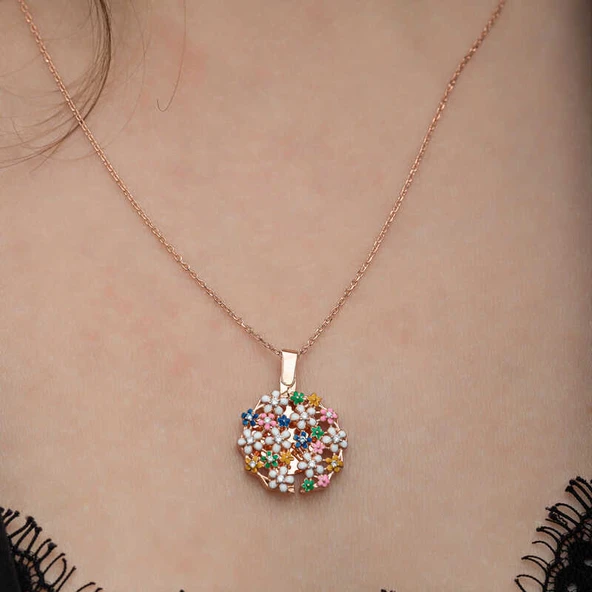 Gümüş Rose Renkli Çiçek Kişiye Özel Kadın Kolye - Resim 9