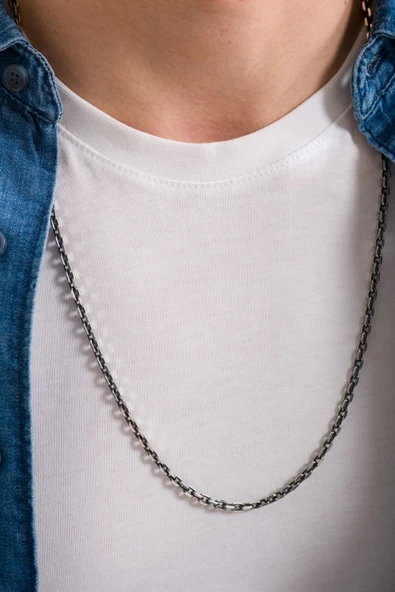 ANDA 925 Ayar Gümüş Unisex Oksitli Forse Zincir- Forse Kolye Zincir ürün görseli