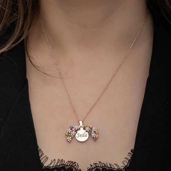 Gümüş Rose Renkli Çiçek Kişiye Özel Kadın Kolye - Resim 4