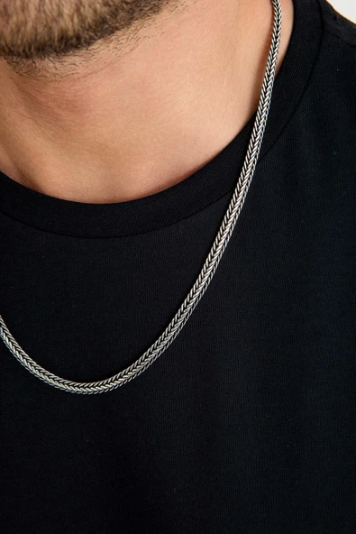 ANDA 925 Ayar Gümüş Oksitli Yassı Balık Sırtı Tilki Kuyruğu Kolye 6 mm genişlik 60 cm Uzunluk - 2