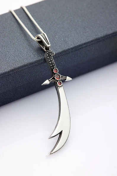 ANDA 925 Ayar Gümüş Zirkon Taşlı Zülfikar Kolye 60 cm ürün görseli