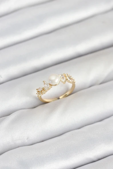 Pirinç Gold Renk Zirkon Taşlı İncili Model Kadın Yüzük ürün görseli 1