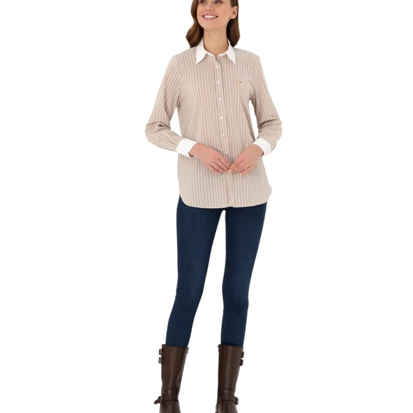 Kadın Çizgili Uzun Kollu Tunik Gömlek - Resim 5