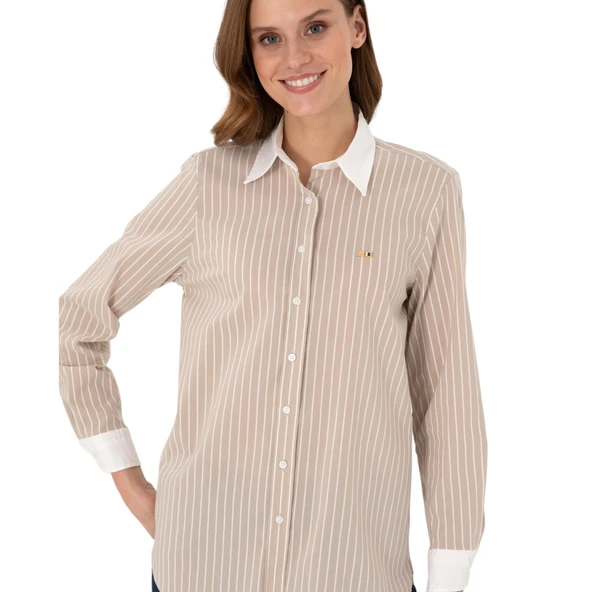 Kadın Çizgili Uzun Kollu Tunik Gömlek - Resim 4