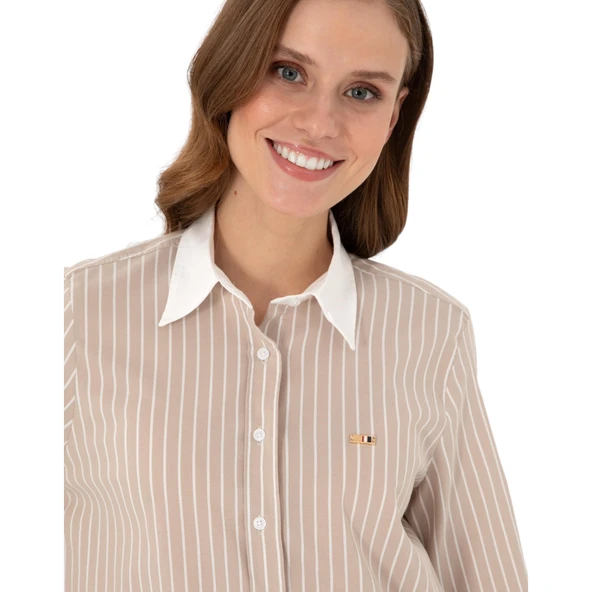 Kadın Çizgili Uzun Kollu Tunik Gömlek - Resim 3