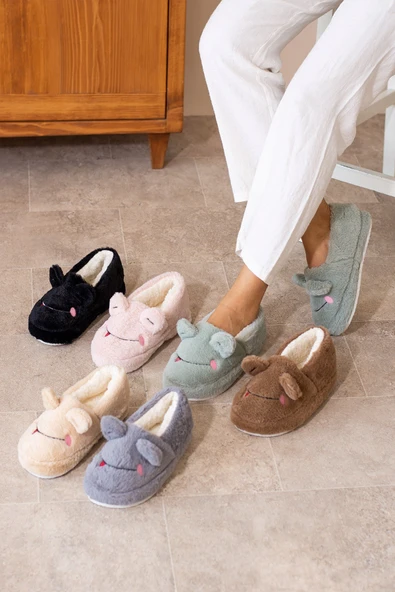 Albishoes Kışlık Içi Tüylü Kadın Ev Ayakkabı Kurbağa Figürlü Kaydırmaz Rahat Taban Panduf Ev Botu - 6