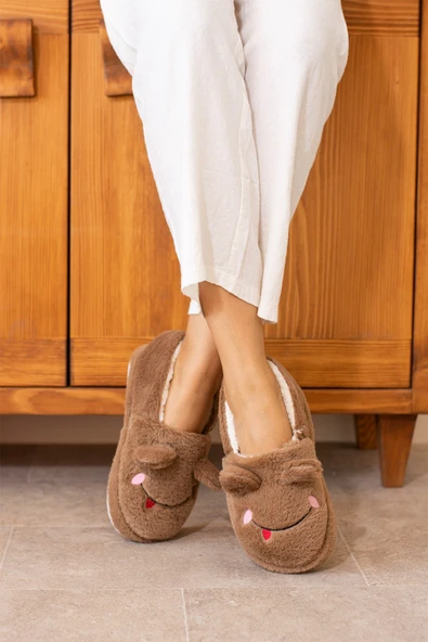 Albishoes Kışlık Içi Tüylü Kadın Ev Ayakkabı Kurbağa Figürlü Kaydırmaz Rahat Taban Panduf Ev Botu - 2