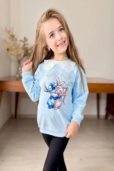 Yaka Detaylı Stitch Desenli Mavi Renk Kız Çocuk Takım - 3