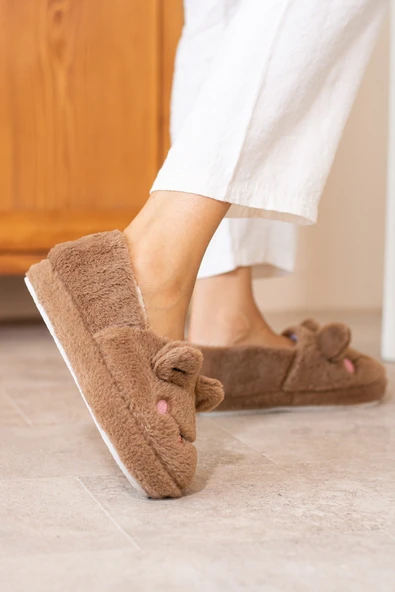 Albishoes Kışlık Içi Tüylü Kadın Ev Ayakkabı Kurbağa Figürlü Kaydırmaz Rahat Taban Panduf Ev Botu - 5
