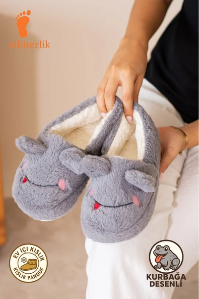 Albishoes Kışlık Içi Tüylü Kadın Ev Ayakkabı Kurbağa Figürlü Kaydırmaz Rahat Taban Panduf Ev Botu - 1