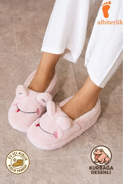 Albishoes Kışlık Içi Tüylü Kadın Ev Ayakkabı Kurbağa Figürlü Kaydırmaz Rahat Taban Panduf Ev Botu - 1