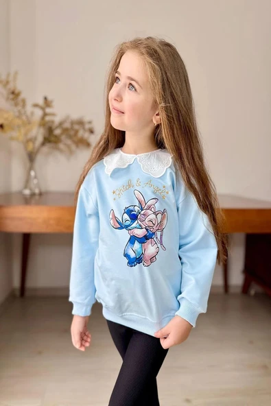 Yaka Detaylı Stitch Desenli Mavi Renk Kız Çocuk Takım - 2