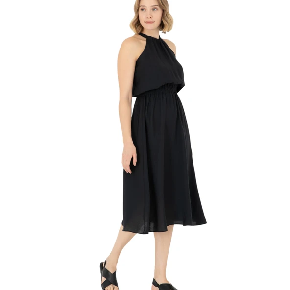 Kadın Koyu Midi Boy Dokuma Elbise - Resim 8