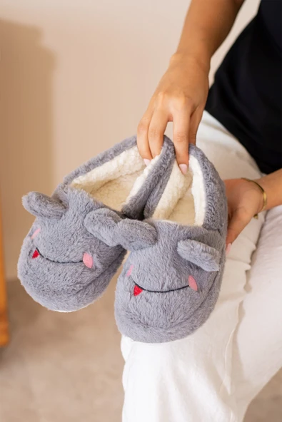 Albishoes Kışlık Içi Tüylü Kadın Ev Ayakkabı Kurbağa Figürlü Kaydırmaz Rahat Taban Panduf Ev Botu - 2