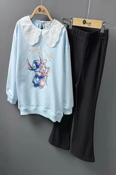 Yaka Detaylı Stitch Desenli Mavi Renk Kız Çocuk Takım - 5