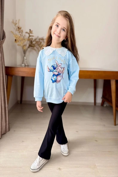 Yaka Detaylı Stitch Desenli Mavi Renk Kız Çocuk Takım - 1