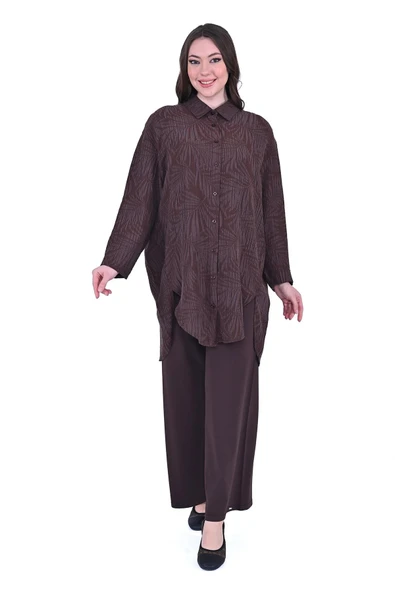 İnvee çiçek Desenli Modal Gömlek 7017 kahve ürün görseli 1