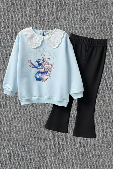 Yaka Detaylı Stitch Desenli Mavi Renk Kız Çocuk Takım - 6