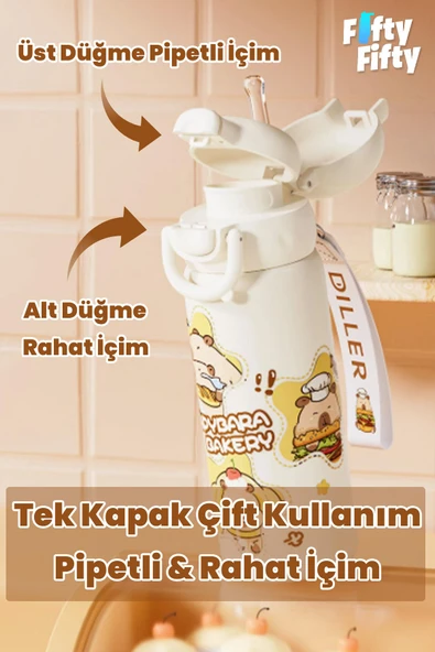 DILLER 600 ML Tek Kapak Çift Kullanım Pipetli/Pipetsiz Taşıma El Askılı Vacum Cup/Çelik Termos -FFD9361-600 - 2