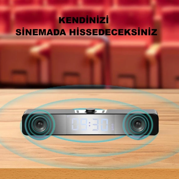 TriLine Bluetooth Hoparlör Şarjlı Yatay Ses Sistemi LED Ekran FM Çalar Saat Sıcaklık PC USB Aux Tf Kart - Resim 7