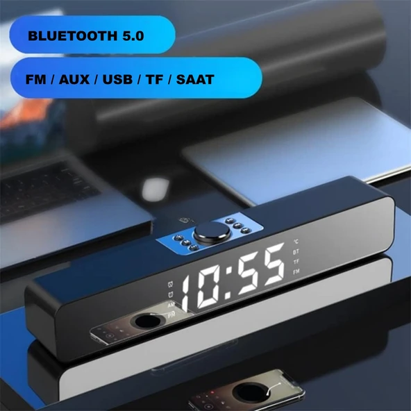 TriLine Bluetooth Hoparlör Şarjlı Yatay Ses Sistemi LED Ekran FM Çalar Saat Sıcaklık PC USB Aux Tf Kart ürün görseli 1