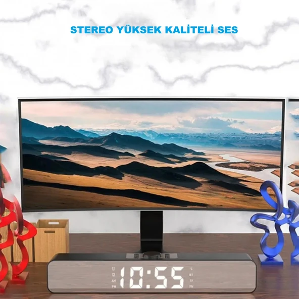 TriLine Bluetooth Hoparlör Şarjlı Yatay Ses Sistemi LED Ekran FM Çalar Saat Sıcaklık PC USB Aux Tf Kart - Resim 2