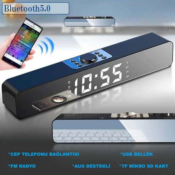 TriLine Bluetooth Hoparlör Şarjlı Yatay Ses Sistemi LED Ekran FM Çalar Saat Sıcaklık PC USB Aux Tf Kart - Resim 3