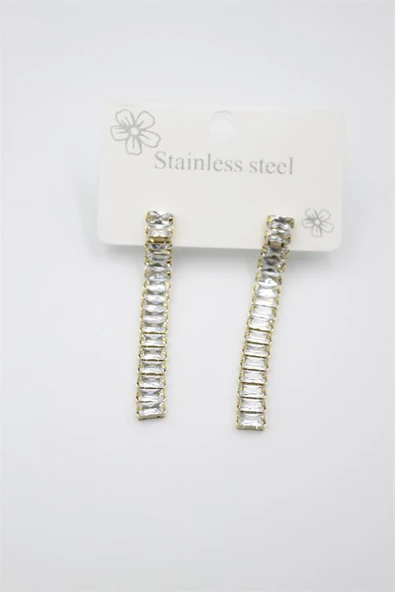 Büyük Baget Taşlı Çelik Küpe - Altın