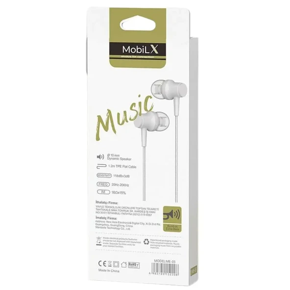 MobiLX ME-03 Beyaz Kablolu Kulak İçi Kulaklık – Aux Girişli, Extra Bass, Tüm Telefon ve Cihazlarla Uyumlu - 3