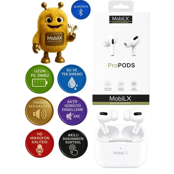 MobiLX ProPODS Kablosuz Bluetooth Kulaklık – Pro Model, Stereo Bass, HD Mikrofon, ENC Gürültü Önleme, Şarj Kutusu ve Kılıf Hediyeli - 1
