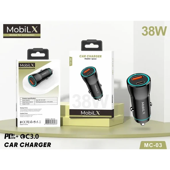 MobiLX MC-03 38W PD + QC3.0 Metal Araç Şarj Cihazı – USB & Type-C Hızlı Çakmaklık Adaptörü - 5