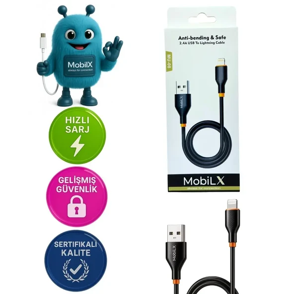 MobiLX MU-08 2.4A Silikon USB to Lightning Hızlı Şarj ve Data Kablosu (1m) - 1