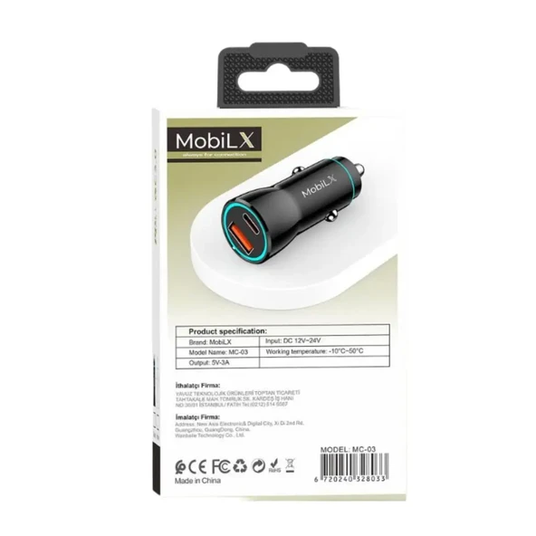 MobiLX MC-03 38W PD + QC3.0 Metal Araç Şarj Cihazı – USB & Type-C Hızlı Çakmaklık Adaptörü - 3