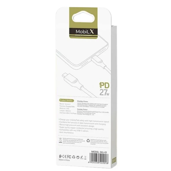 MobiLX MU-01 Type-C to Lightning PD 27W Şarj ve Data Kablosu (1m) – iPhone Uyumlu - 3