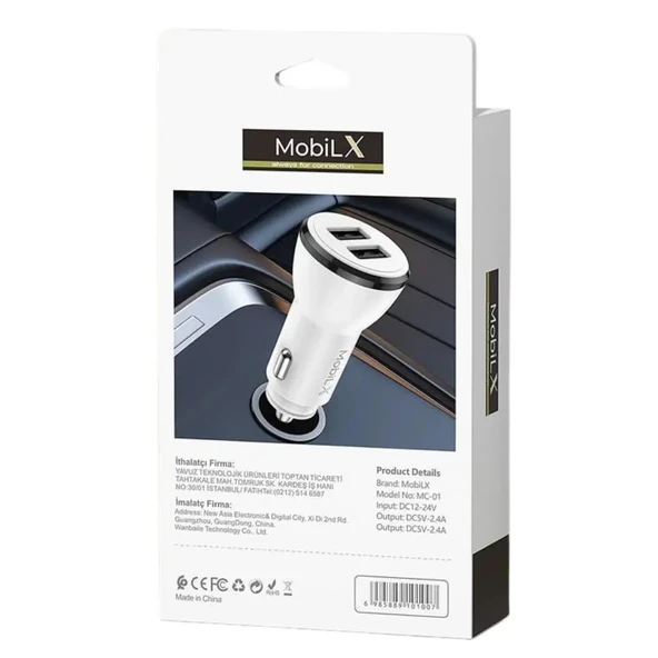 MobiLX MC-01 2.1A Çift USB Portlu Araç Şarj Cihazı | iPhone ve Tüm Akıllı Telefonlar için Çakmaklık Adaptörü – Beyaz - 3
