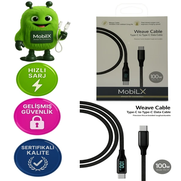 MobiLX 100W Type-C to Type-C Örgülü Şarj ve Data Kablosu – Model: MU-07 | Dijital Ekranlı - 1