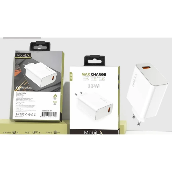 MobiLX M-17 33W Turbo Hızlı Şarj Adaptörü + Type-C USB Kablo | QC 3.0 Destekli - 5