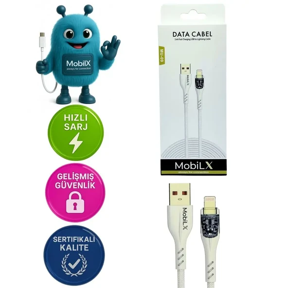 MobiLX MU-09 3.4A Örgülü Işıklı USB to Lightning Hızlı Şarj ve Data Kablosu (1m) - 1