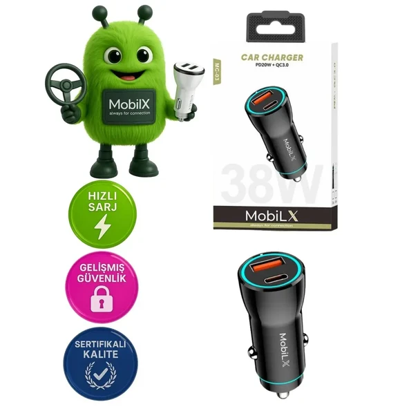 MobiLX MC-03 38W PD + QC3.0 Metal Araç Şarj Cihazı – USB & Type-C Hızlı Çakmaklık Adaptörü - 1