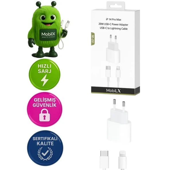 MobiLX M-20 20W iPhone 8–14 Pro Max Uyumlu Hızlı Şarj Adaptörü + USB-C to Lightning Kablo - 1