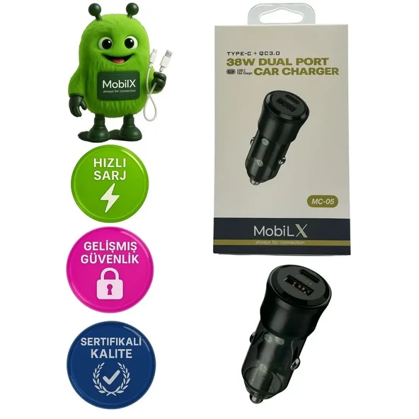 MobiLX 38W Araç Şarj Cihazı – Çift USB Çıkışlı | Type-C + QC 3.0 | Model: MC-05 - 1