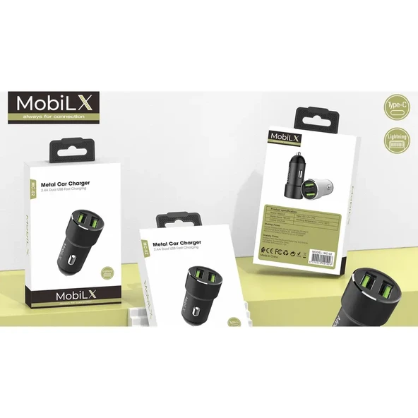 MobiLX MC-02 2.4A Çift USB Portlu Metal Araç Şarj Cihazı | Type-C ve Lightning Kablo Uyumlu – Siyah - 5