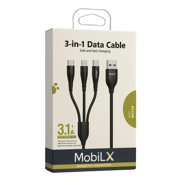 MobiLX 3-in-1 Data Kablosu – 3.1A Hızlı Şarj | Type-C + Lightning + Micro USB | Model: MU-04 - 2