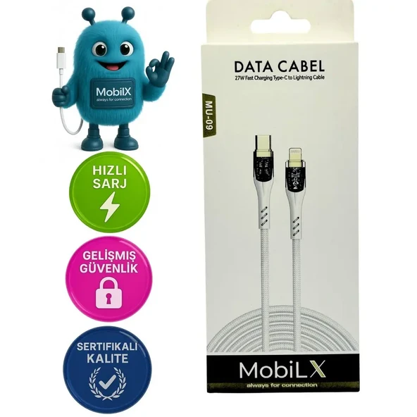 MobiLX MU-09 27W Örgülü Işıklı Type-C to Lightning Hızlı Şarj ve Data Kablosu (1m) - 1