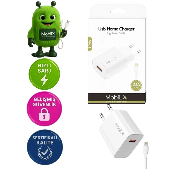 MobiLX M-01 iPhone 11–14 Pro Max Uyumlu 2.1A USB Şarj Adaptörü + Lightning Kablo - 1
