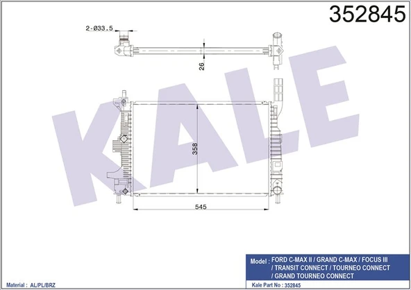 Ford Motor Su Radyatoru (brazıng) Fucus 1.5 - 1.6 Tdci 11> Yeni Connect 14> 1.5 - 1.6 Tdci Olcu: (545 X 3 - Kale 352845 - Resim 1