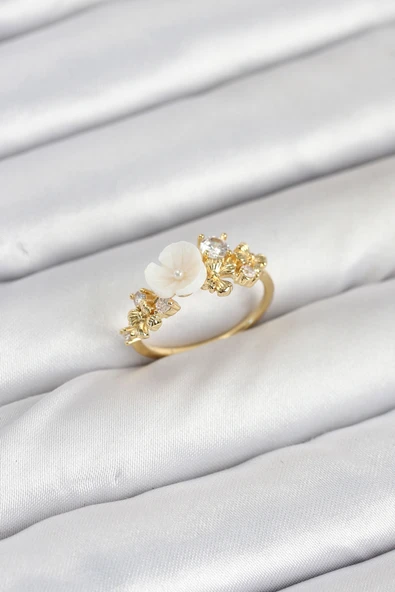 Pirinç Gold Renk Çiçek Model Zirkon Taşlı Kadın Yüzük - EBJ250927W37965 ürün görseli